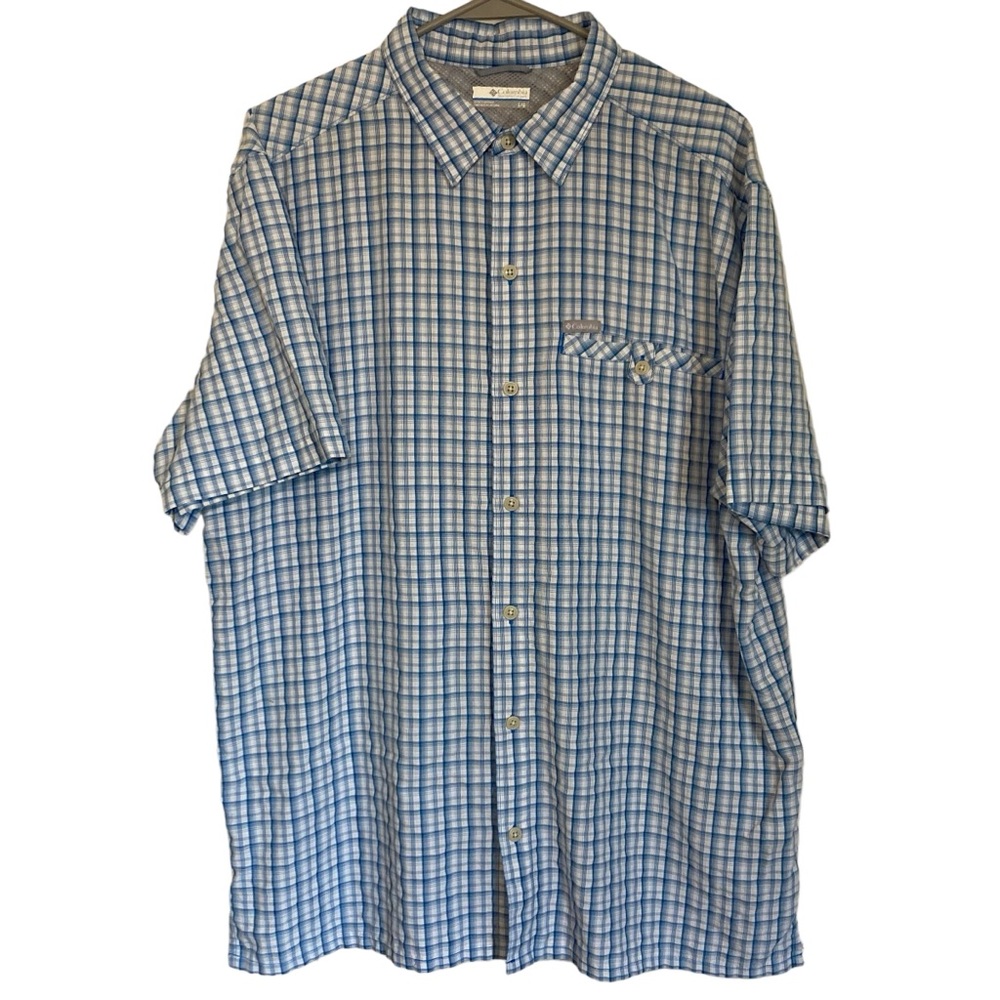 Columbia Men’s Vented Plaid Short Sleeve Casual Button Up Shirt Collared Blue LG